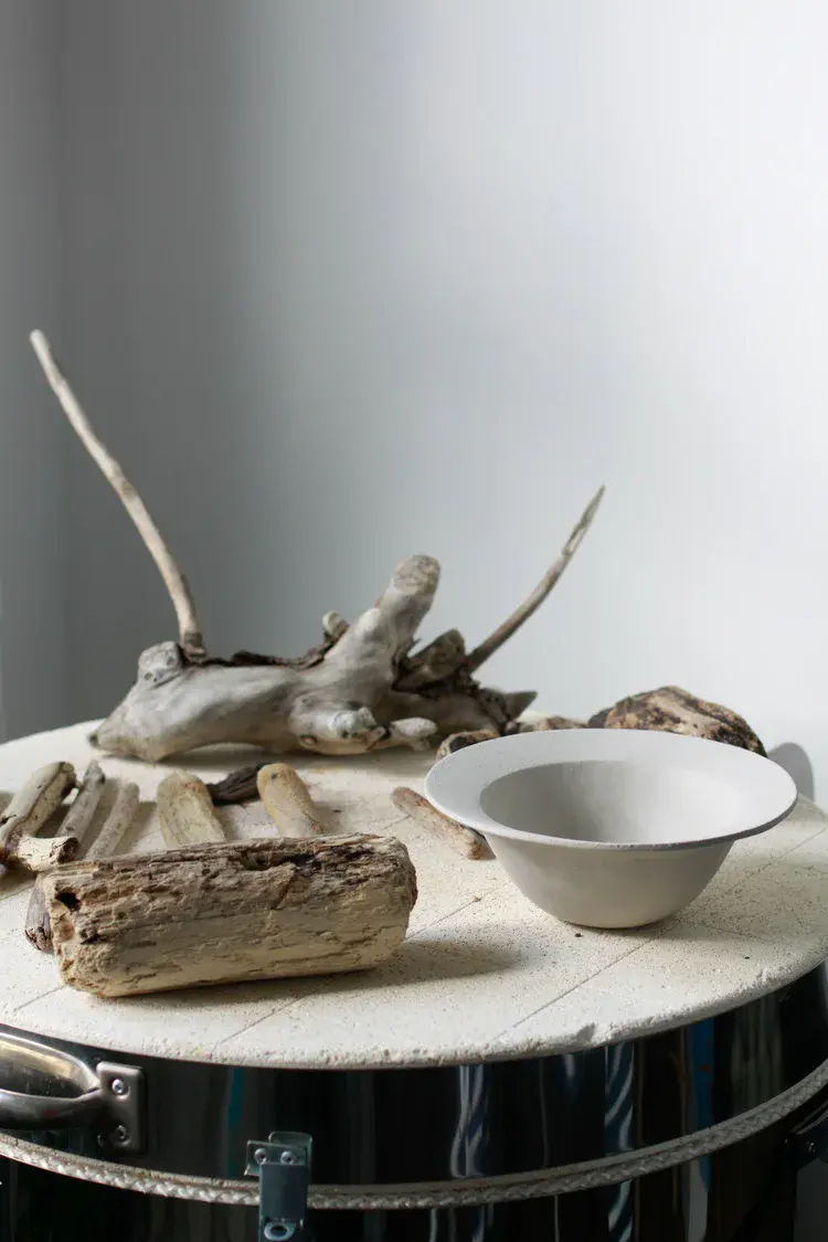 Ceramic pieces with driftwood in editorial photoshoot