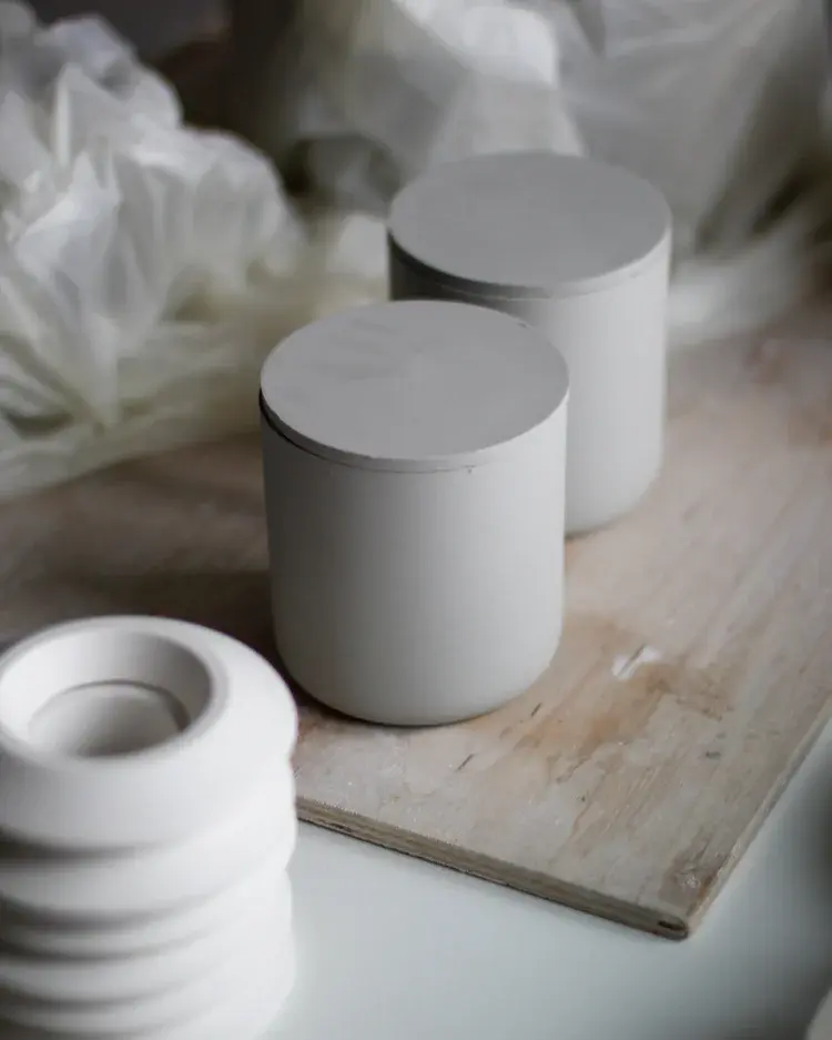 Finished slip-cast jar with fitted porcelain lid