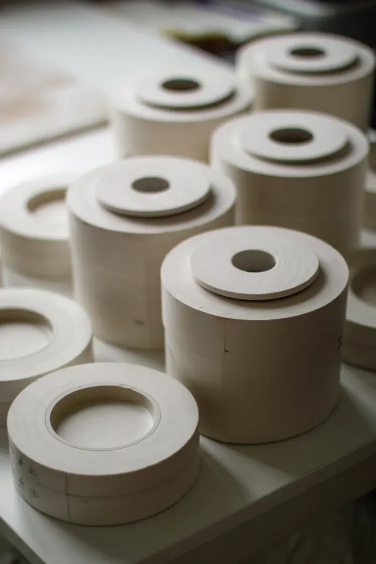 Pair of slip-cast lidded jars in pastel tones