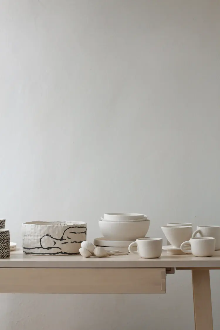 Collection of handmade ceramics at stockist display