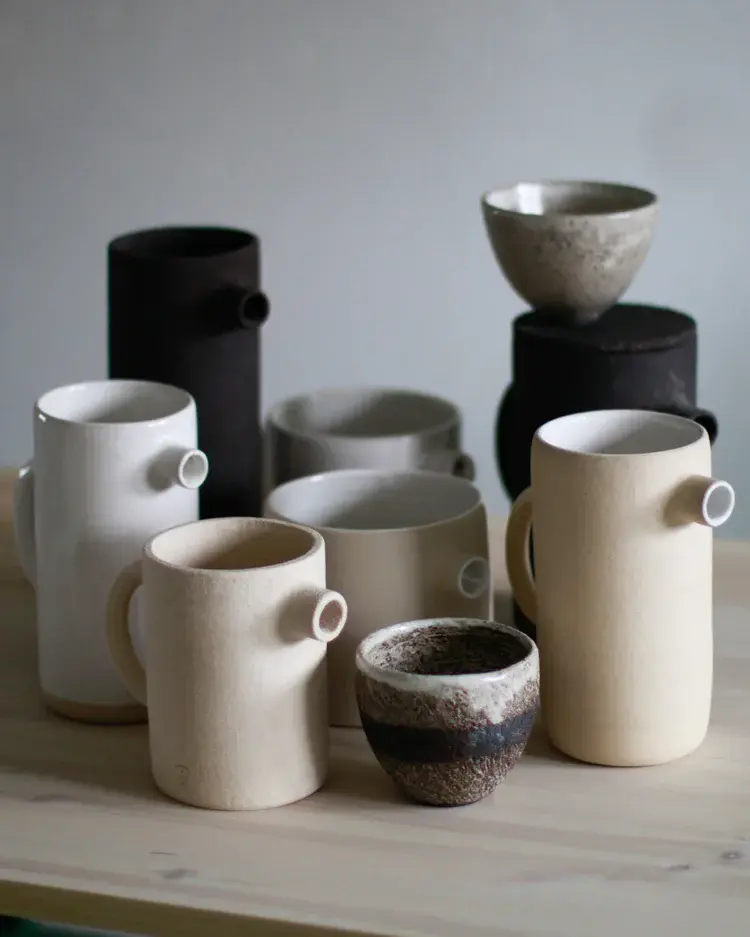 Set of unique stoneware dinner plates in earth tones