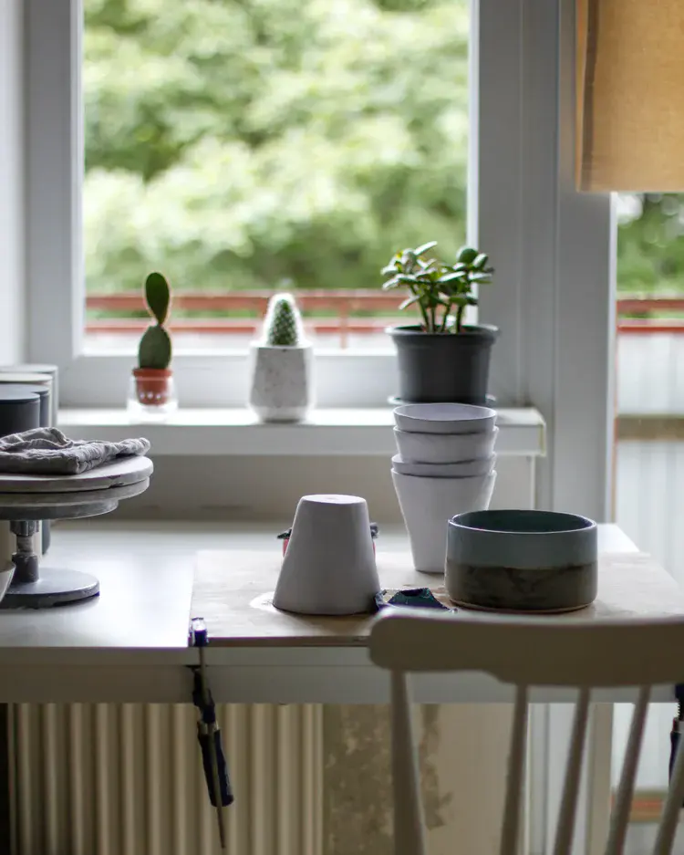 Handmade ceramic vases at leather-hard stage