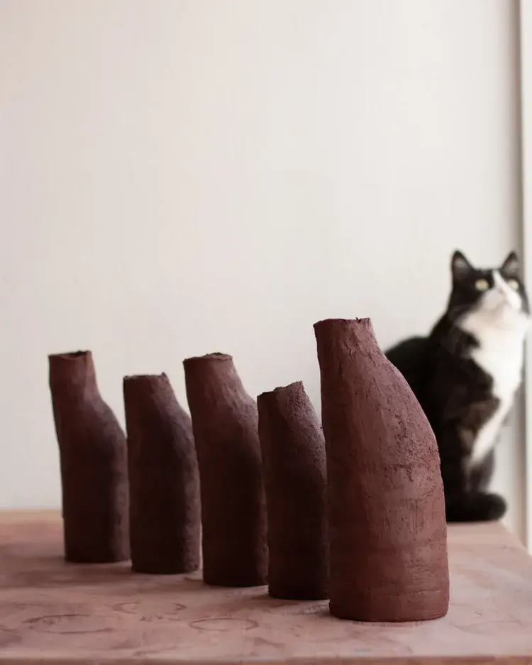 Shelving unit filled with greenware and finished ceramics
